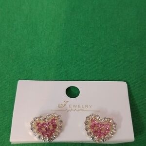 Pink / Gold Pierced Heart-Shaped Earrings With Rhinestones